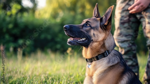 National Train Your Dog Month Alert german shepherd dog outdoors with male owner in camouflage pants