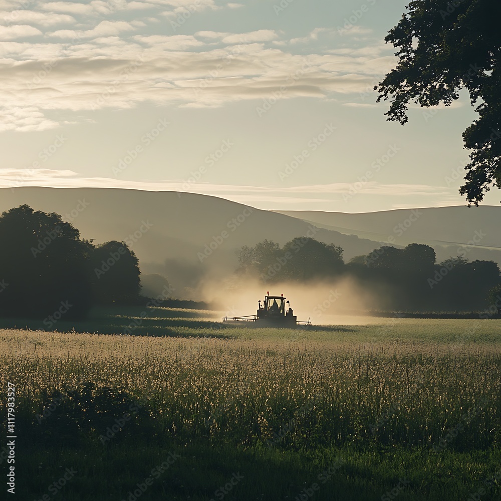Fototapeta premium Tractor spraying a field at sunrise, misty landscape.