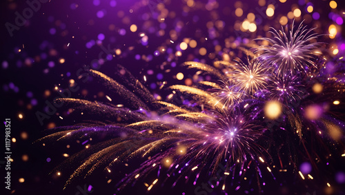 A vibrant, purple and gold firework explosion against a dark background with colorful lights.

