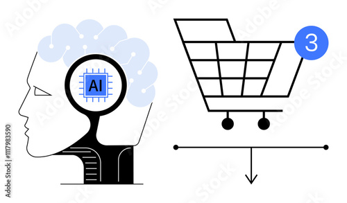 Human head with AI chip connected to shopping cart with item count of three. Ideal for tech innovations, e-commerce, retail technology, consumer insights, machine learning, future of shopping