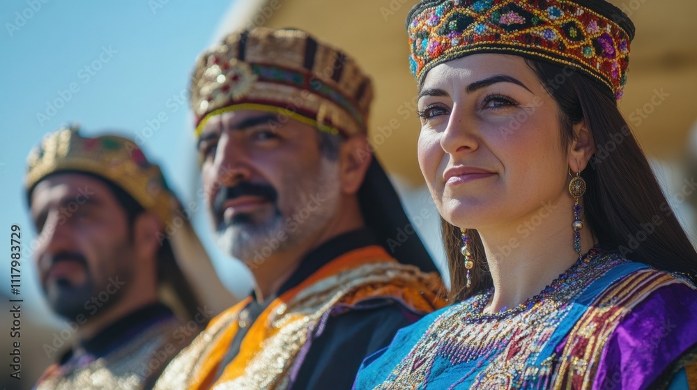 Fototapeta premium Assyrian New Year Caucasian adults in traditional attire at cultural event outdoors