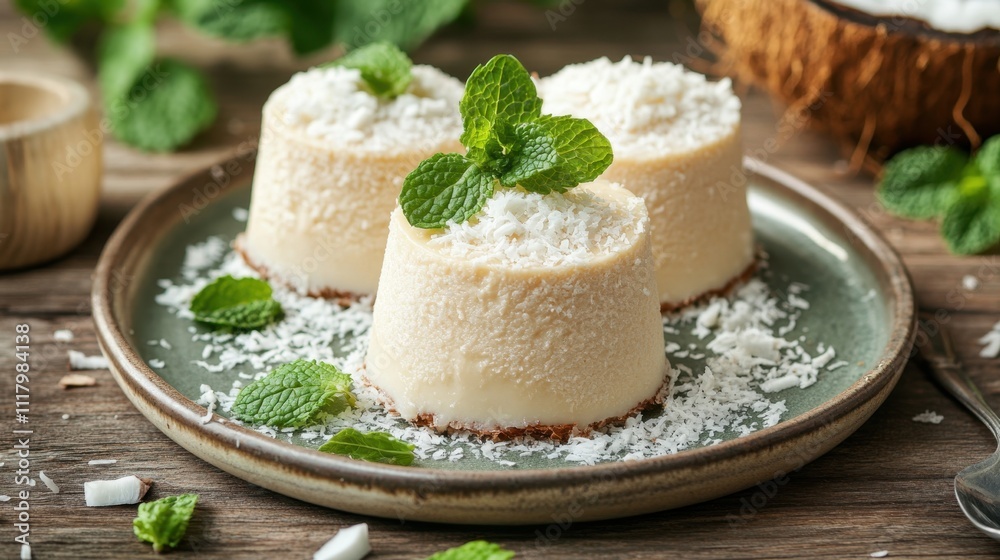 National Coconut Torte Day Creamy coconut cheesecake with mint garnish on rustic plate National Coconut Torte Day Creamy coconut cheesecake with mint garnish on rustic plate