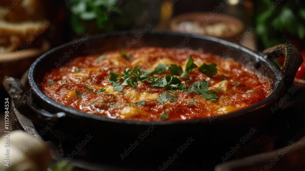 Delicious shakshuka in a cast iron skillet topped with fresh herbs Delicious shakshuka in a cast iron skillet topped with fresh herbs