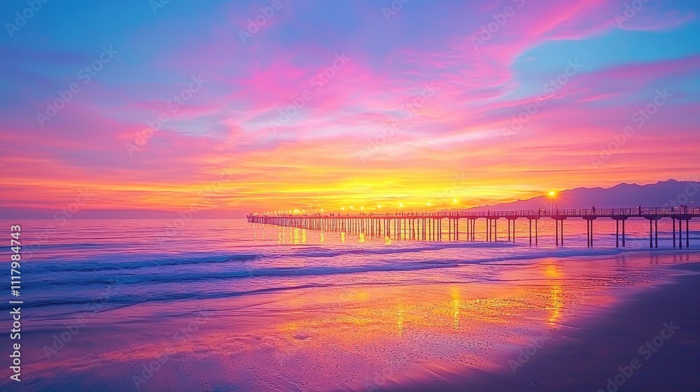A stunning sunset over a tranquil beach, with vibrant hues reflecting on the water and a pier stretching into the horizon. A stunning sunset over a tranquil beach, with vibrant hues reflecting on the water and a pier stretching into the horizon.