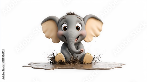 A photostock of a cute cartoon elephant playing in a mud puddle, isolated. Ultra-Realistic, Photo Realistic, highly detailed,  photo