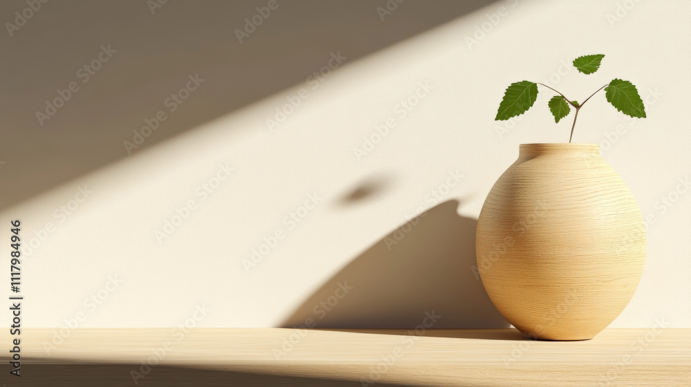 A minimalist vase with small plant and green leaves casts gentle shadow on light colored surface, creating serene and calming atmosphere