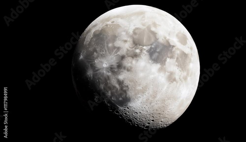 Detailed close-up of the moon showing its surface features including craters and lunar maria against a black background