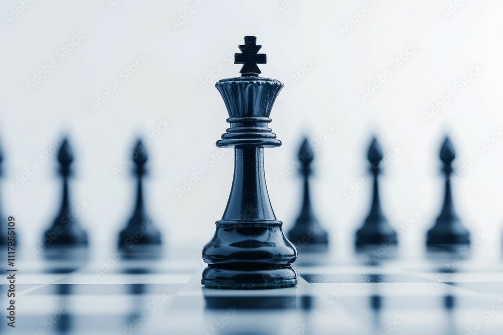 Black king piece dominates chessboard, pawns behind. Black king piece dominates chessboard, pawns behind.