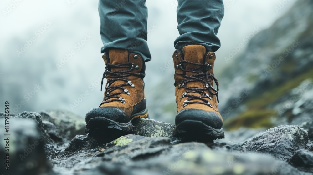 First-Foot Day Hiking adventure in mountain terrain with brown boots and rocky path First-Foot Day Hiking adventure in mountain terrain with brown boots and rocky path