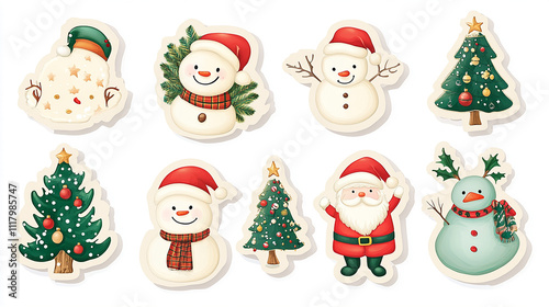 Christmas stickers, Santa Claus, snowman and Christmas tree, winter elements. isolated on white background