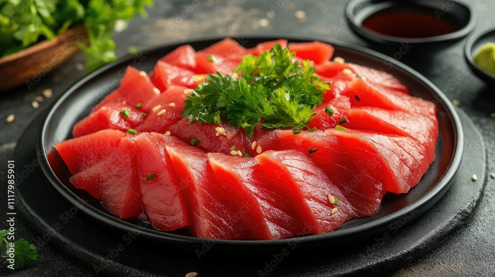 Premium Tuna Sashimi on Black Plate with Garnish Premium Tuna Sashimi on Black Plate with Garnish