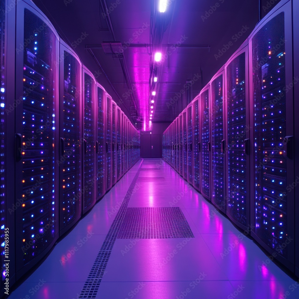 A corridor of illuminated server racks in a data center, showcasing technology and infrastructure. A corridor of illuminated server racks in a data center, showcasing technology and infrastructure.