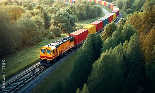 Freight train transporting colorful containers through nature.