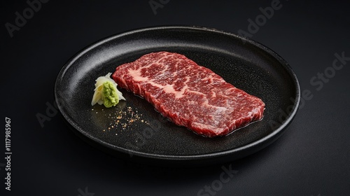 Wagyu Beef Slice on Black Plate with Garnish photo