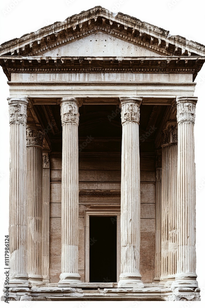 Naklejka premium Ancient stone temple, six columns, weathered facade.