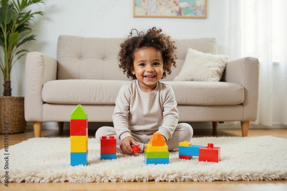 Smiling toddler playing with colorful building blocks in cozy living room setting Smiling toddler playing with colorful building blocks in cozy living room setting