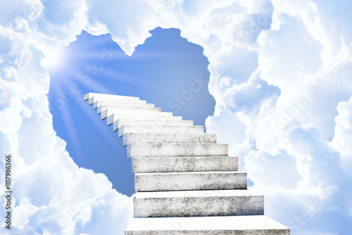 Fototapete Stairs leading to light in sky through heart shaped gap in clouds
