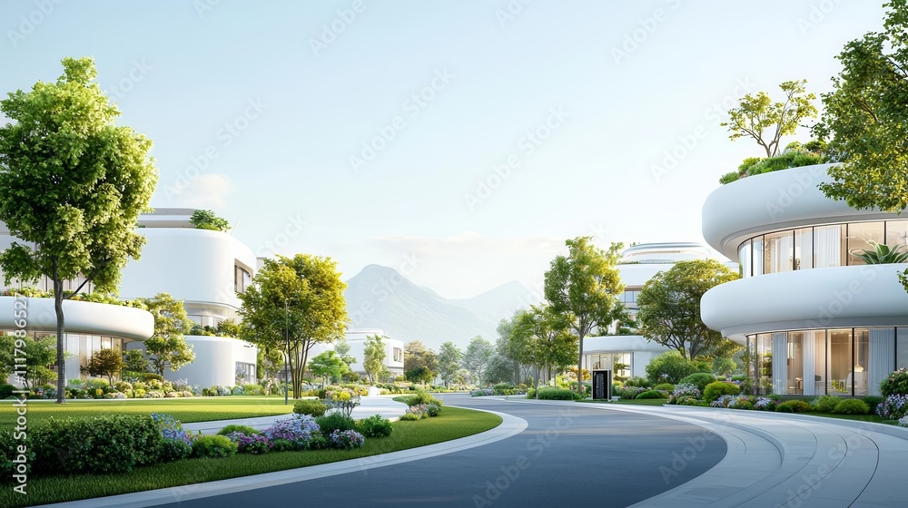 A futuristic urban area blending green spaces and advanced technology Early morning light