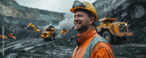 A rugged miner with a beard grins confidently in front of heavy-duty mining machinery photo