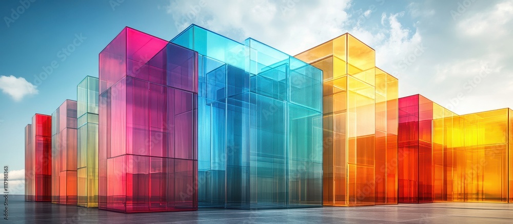Vibrant Abstract Glass Architecture Against Blue Sky with Colorful Geometric Shapes and Modern Design Elements Vibrant Abstract Glass Architecture Against Blue Sky with Colorful Geometric Shapes and Modern Design Elements