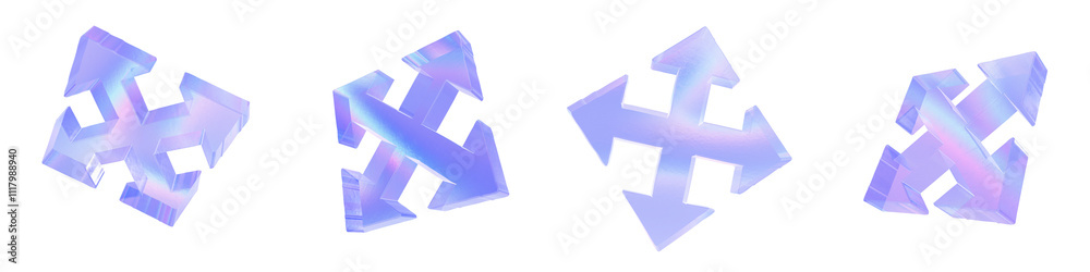 Set of 4 3d glass cross arrows shape with aberration effect isolated on a transparent background. Blue tone. 3d transparent elements for graphic design. Set of 4 3d glass cross arrows shape with aberration effect isolated on a transparent background. Blue tone. 3d transparent elements for graphic design.