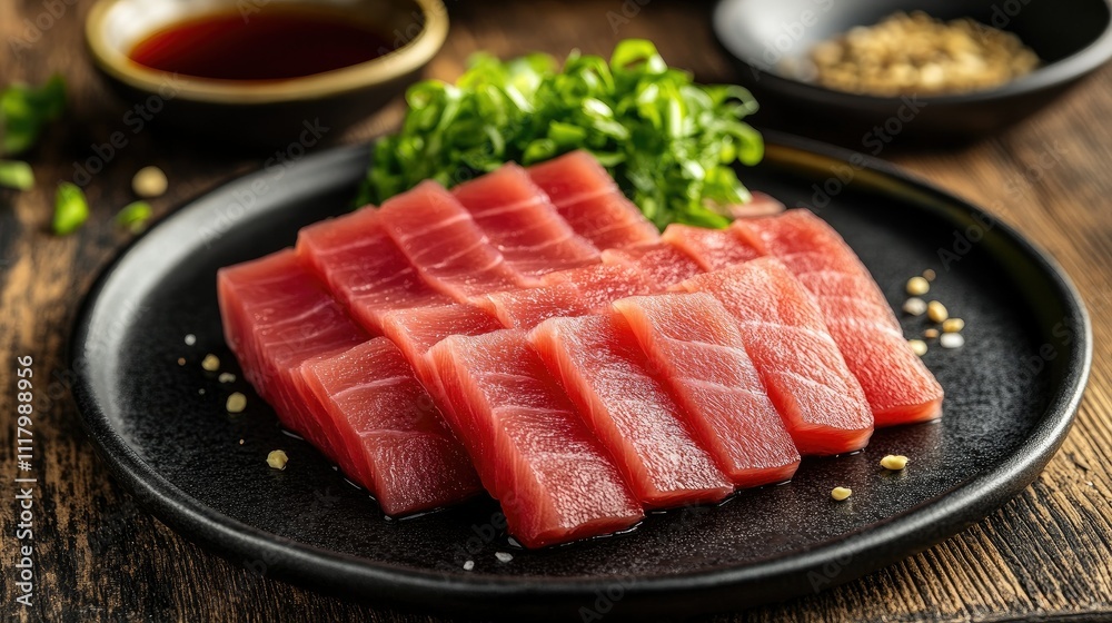 Fresh Tuna Sashimi on Black Plate with Green Onion Fresh Tuna Sashimi on Black Plate with Green Onion