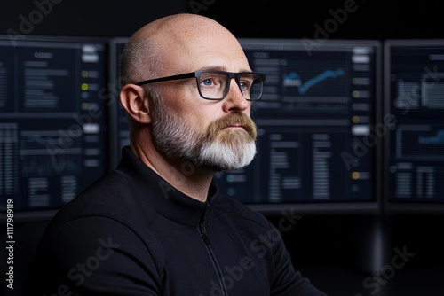 Portfolio manager analyzing ESG trends on a dualscreen setup with sleek infographics Futuristic office