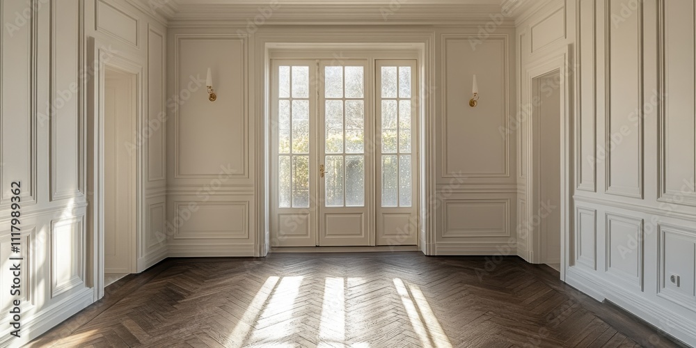 Elegant empty room with natural light streaming through large windows and ornate design features Elegant empty room with natural light streaming through large windows and ornate design features