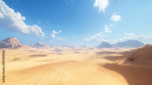 A vast desert landscape with rolling sand dunes and distant mountains under a bright sky.