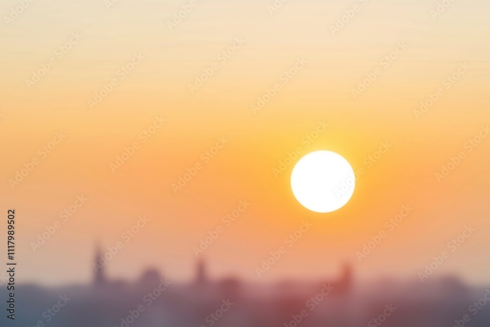 Blurred golden hour sunset view cityscape rooftops. Warm glow bright sky. Evening party atmosphere city skyline. Summer evening. City landscape. Sunny day. Beautiful urban scene. Modern architecture.