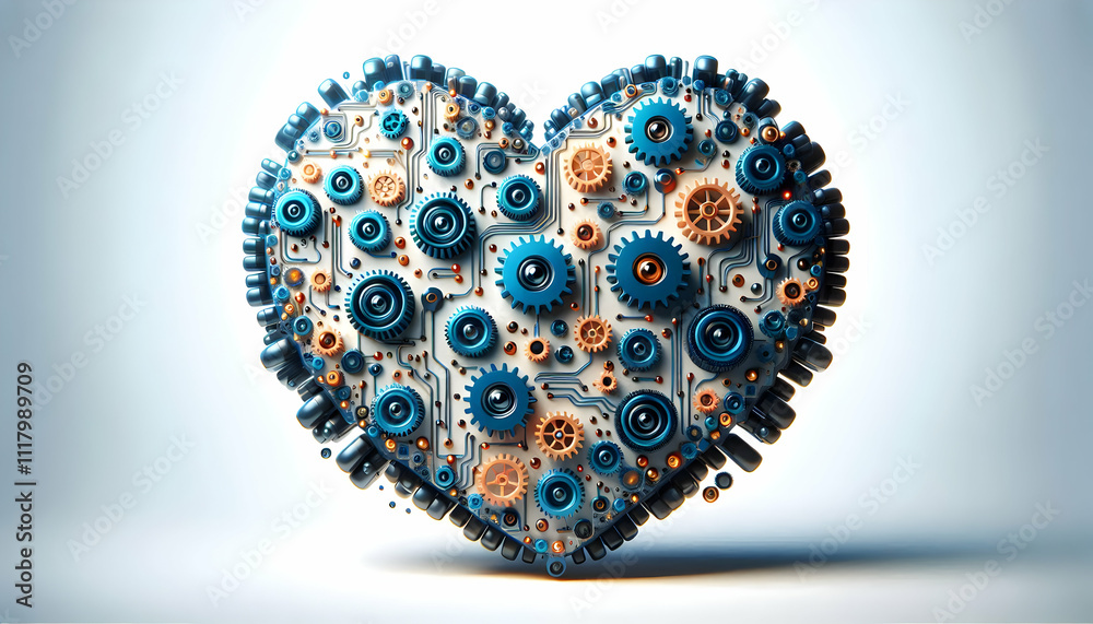 3D Abstract mechanical heart composed of gears and circuits concept as A mechanical heart made of gears and circuits symbolizes the driving force behind industrial innovation; ample copy space is incl 3D Abstract mechanical heart composed of gears and circuits concept as A mechanical heart made of gears and circuits symbolizes the driving force behind industrial innovation; ample copy space is incl