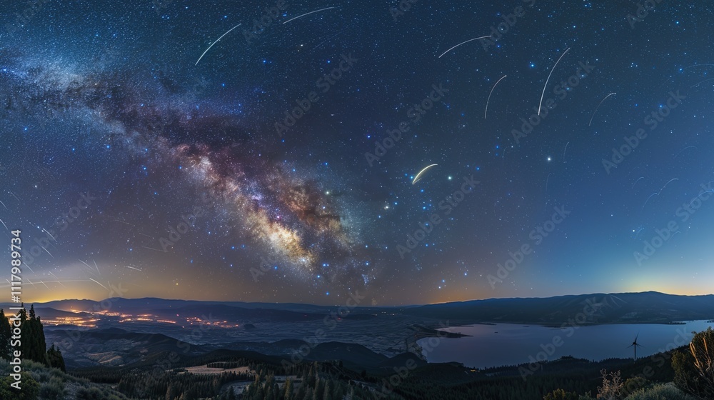 Naklejka premium Panoramic blue night sky with milky way and stars on dark background. Fill the universe, nebulae and galaxies with noise and particles. Dark night sky.