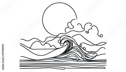 Sun on sea beach one black continuous line, sunset and sunrise outline. One line drawing. Vector illustration.