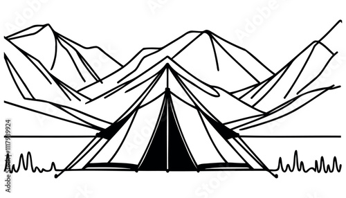 Continuous one line drawing of tent camping in outdoor. Canvas tent line art vector illustration. Editable stroke