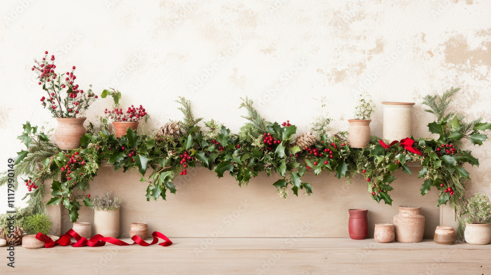 Fototapeta premium Festive holiday decor featuring greenery, red berries, and rustic pottery creates warm and inviting atmosphere. Perfect for seasonal celebrations and home decoration