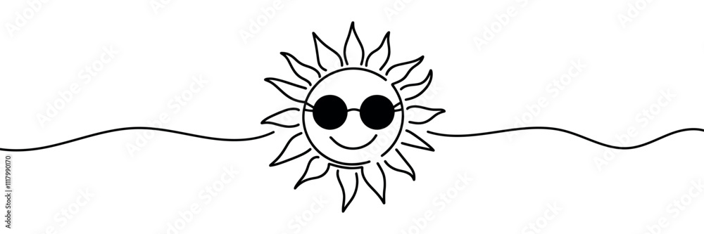 The sun is drawn by one black line on a white background. One-line drawing. Continuous line. The sun is drawn by one black line on a white background. One-line drawing. Continuous line.