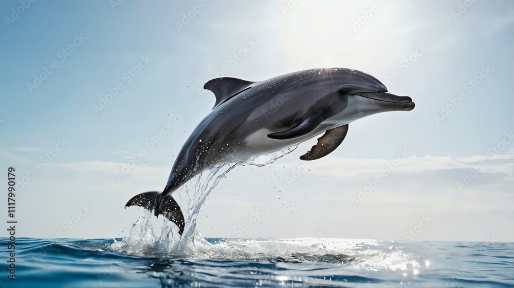 A dolphin leaps out of the water with bright sky behind A dolphin leaps out of the water with bright sky behind