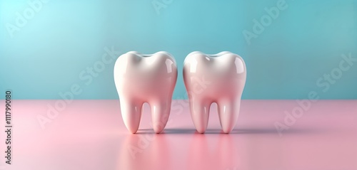 Two perfect white teeth stand on pastel pink surface against pastel blue background. Creative illustration displays dental hygiene concepts like whiteness, freshness. Teeth styled in modern, fun way. photo