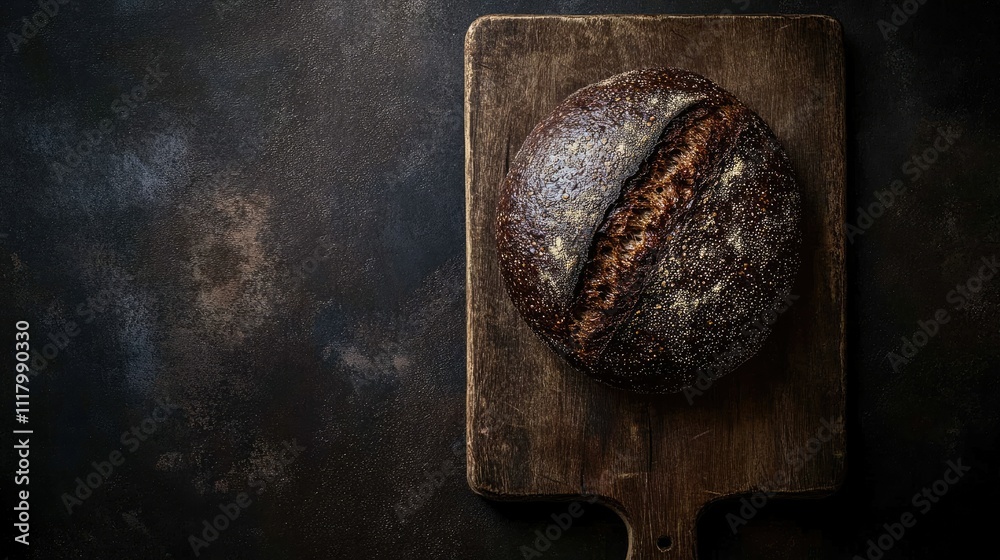 Dark Round Buckwheat Bread on Wooden Cutting Board Dark Round Buckwheat Bread on Wooden Cutting Board