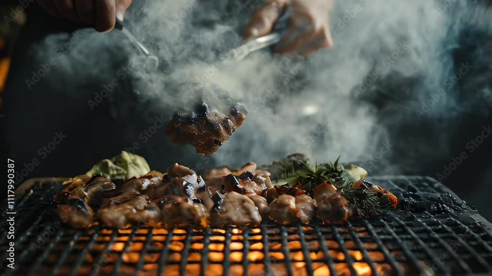 Grilling marinated meat over open flames with smoke rising in a lively kitchen environment during an evening gathering Grilling marinated meat over open flames with smoke rising in a lively kitchen environment during an evening gathering
