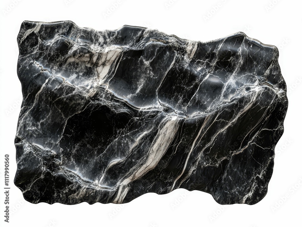 Fototapeta premium Black stone slab; white veining; irregular shape.