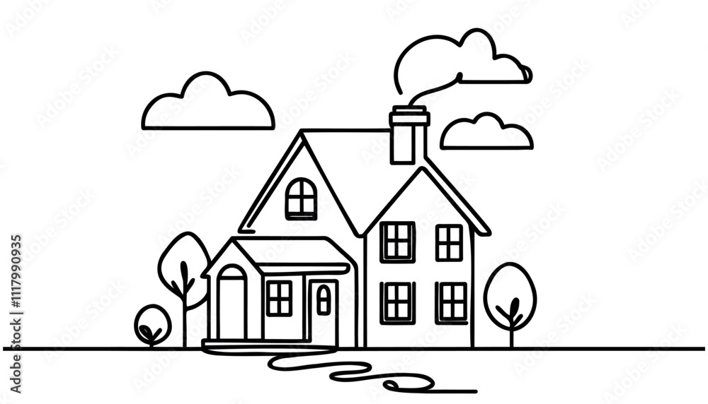 PrintContinuous One Line drawing of House with Tree. Abstract small country wooden house Continuous hand drawn sketch. Vector PrintContinuous One Line drawing of House with Tree. Abstract small country wooden house Continuous hand drawn sketch. Vector