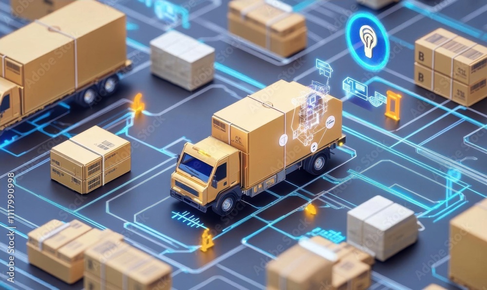 A digital representation of a delivery truck surrounded by packages. A digital representation of a delivery truck surrounded by packages.