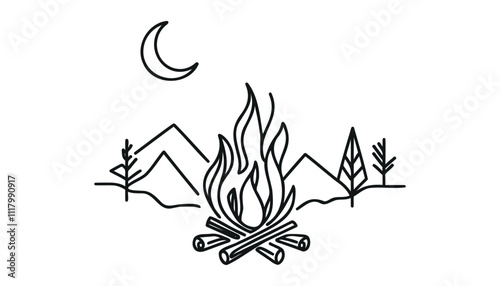 Bon fire single line art, continuous one line drawing of Isolated outline vector