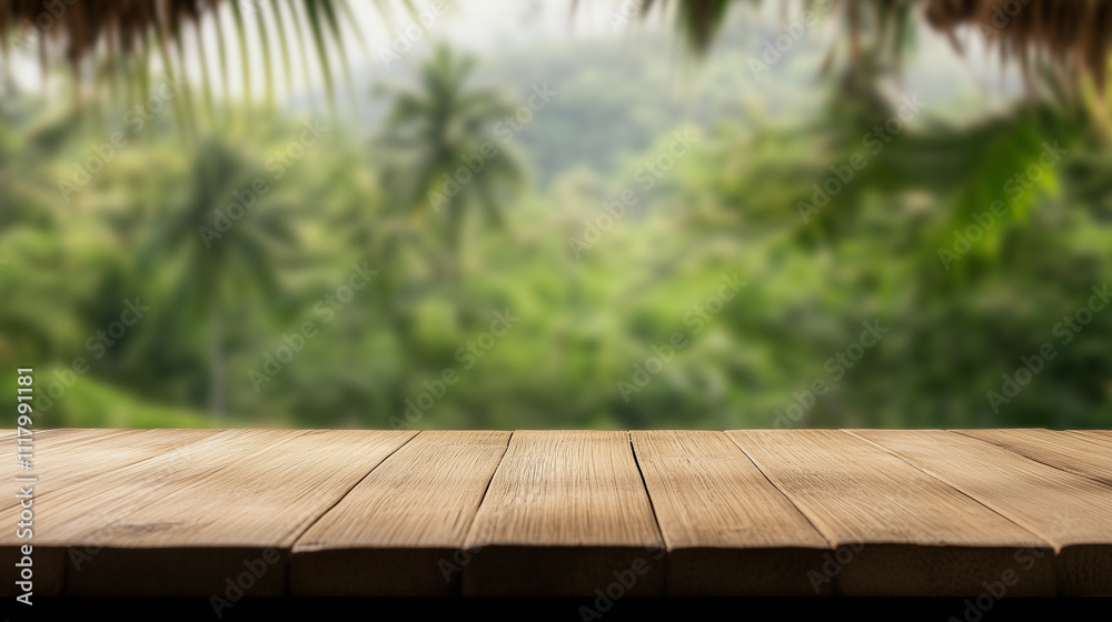 Bamboo table with tropical island hut background for product presentation display Bamboo table with tropical island hut background for product presentation display