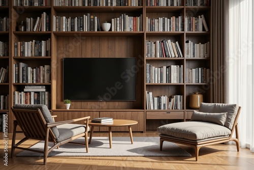 Modern cozy living room with wooden bookshelves and minimalist furniture design