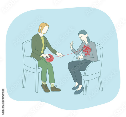 Psychology therapy concept. Psychologist helps woman. Flat art illustration. Mental health care concept.