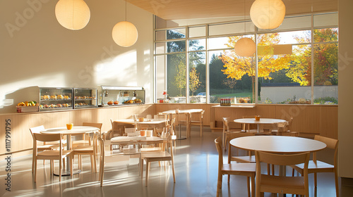 A bright and inviting cafe interior featuring wooden tables and chairs, large windows showcasing autumn foliage, and display case filled with pastries. warm ambiance creates cozy atmosphere for relaxa photo