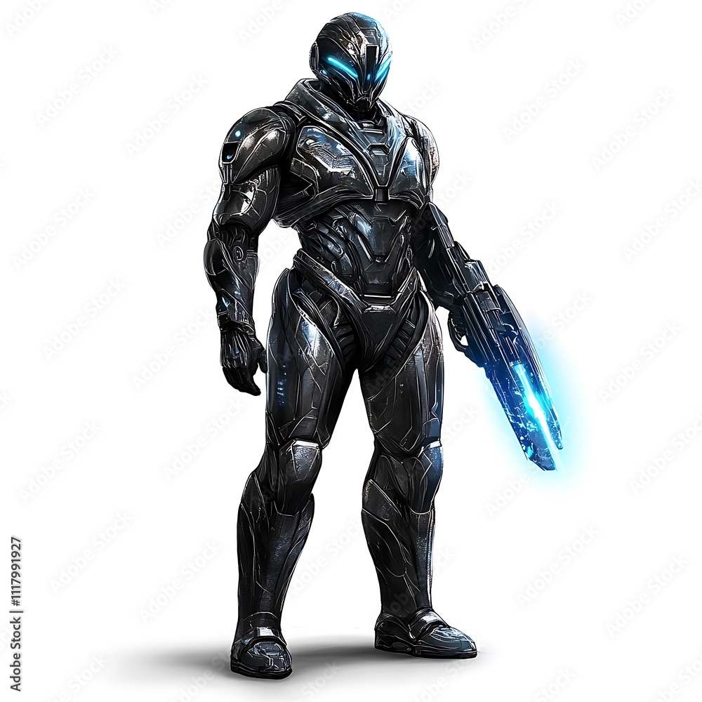 Gaming fighter in combat armor, standing tall with a glowing weapon on a white background Gaming fighter in combat armor, standing tall with a glowing weapon on a white background