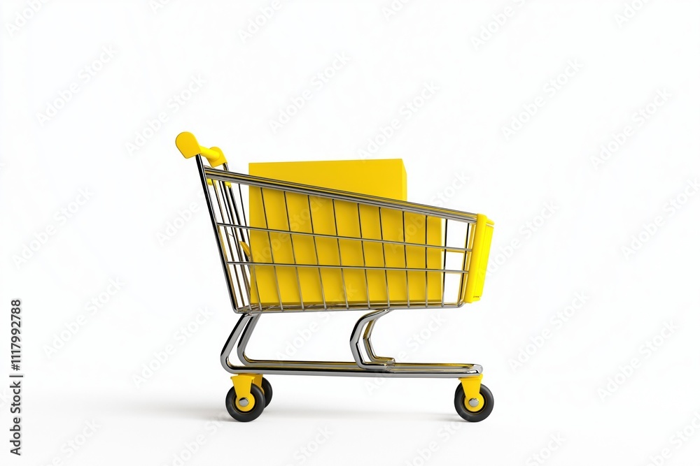 Yellow shopping cart with yellow box inside. Empty cart ready for purchase. Isolated on white background. 3D model tilted to right. Possible use for ecommerce, marketing, retail content. Illustrates Yellow shopping cart with yellow box inside. Empty cart ready for purchase. Isolated on white background. 3D model tilted to right. Possible use for ecommerce, marketing, retail content. Illustrates